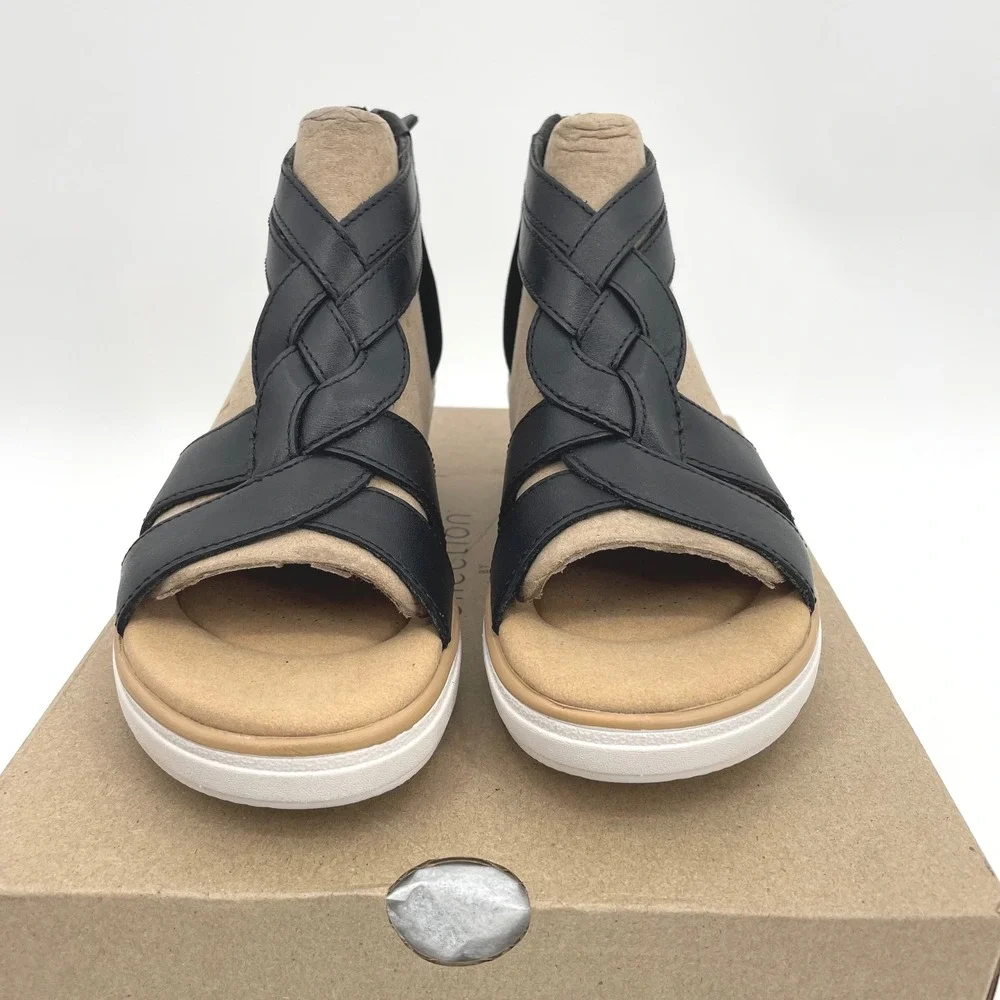 Clarks Jillian Bright Sandals Womens 7.5 Black Leather Wedge Braided Chic Trendy